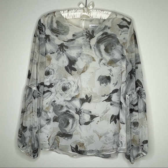 Calvin Klein Gray Floral Sheer Blouson Sleeve Blouse S - Picture 1 of 3